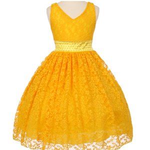 Infant Toddler Baby Girls Lace Dress V Shape Pearl Flowers Girls Dress Yellow